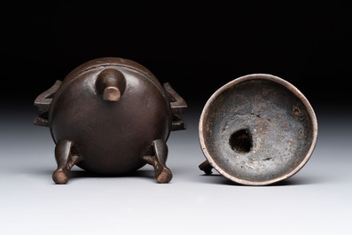 A Chinese archaistic miniature bronze 'qilin' tripod censer and cover, 'ding 鼎', Yuan/Ming