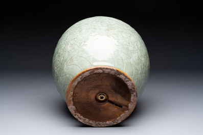 A Chinese celadon-glazed 'lotus scroll' globular vase mounted as lamp, 19th C.