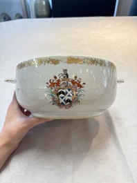 A Chinese famille rose armorial tureen and cover with the arms of Backwell quartering Tyringham for the English market, Qianlong, ca. 1740
