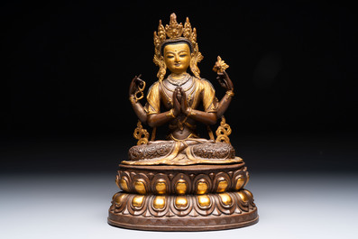 A Tibetan or Nepalese turquoise-inlaid partly-gilt bronze figure of White Tara and a figure of Makahala, 20th C.