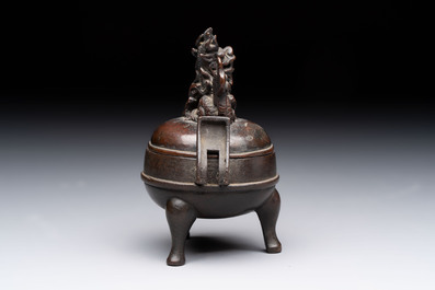 A Chinese archaistic miniature bronze 'qilin' tripod censer and cover, 'ding 鼎', Yuan/Ming