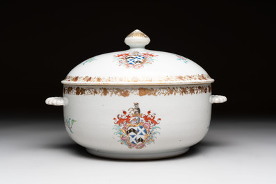 A Chinese famille rose armorial tureen and cover with the arms of Backwell quartering Tyringham for the English market, Qianlong, ca. 1740