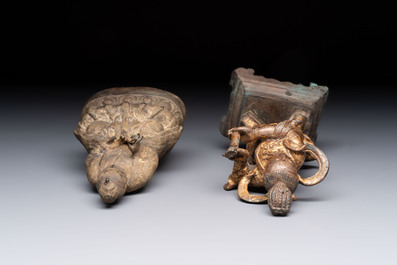 A Chinese bronze Taoist figure and a gilt-lacquered guardian, Ming