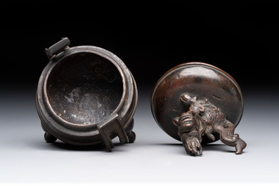 A Chinese archaistic miniature bronze 'qilin' tripod censer and cover, 'ding 鼎', Yuan/Ming