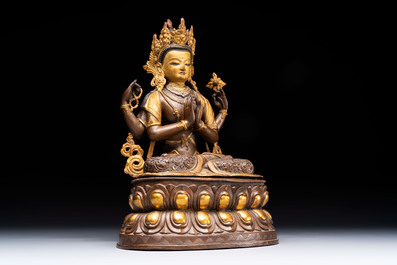 A Tibetan or Nepalese turquoise-inlaid partly-gilt bronze figure of White Tara and a figure of Makahala, 20th C.