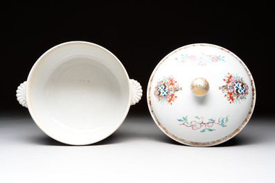 A Chinese famille rose armorial tureen and cover with the arms of Backwell quartering Tyringham for the English market, Qianlong, ca. 1740