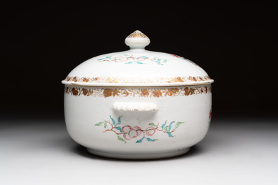 A Chinese famille rose armorial tureen and cover with the arms of Backwell quartering Tyringham for the English market, Qianlong, ca. 1740