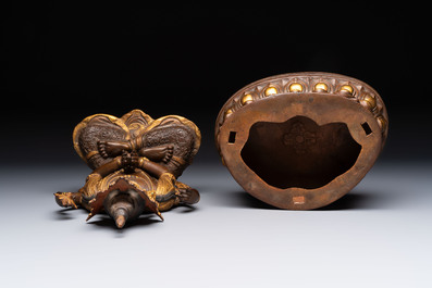 A Tibetan or Nepalese turquoise-inlaid partly-gilt bronze figure of White Tara and a figure of Makahala, 20th C.