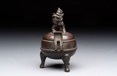 A Chinese archaistic miniature bronze 'qilin' tripod censer and cover, 'ding 鼎', Yuan/Ming