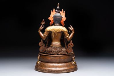 A Tibetan or Nepalese turquoise-inlaid partly-gilt bronze figure of White Tara and a figure of Makahala, 20th C.