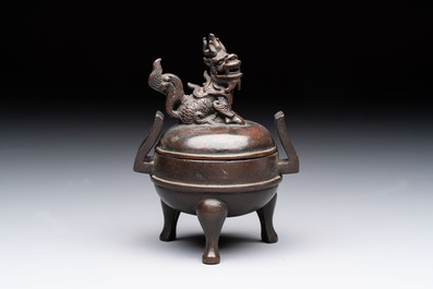 A Chinese archaistic miniature bronze 'qilin' tripod censer and cover, 'ding 鼎', Yuan/Ming