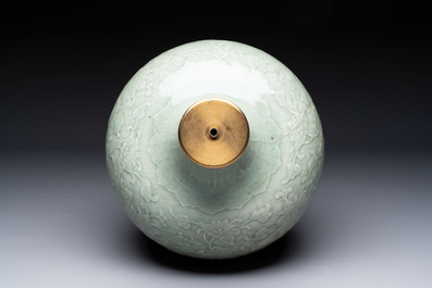 A Chinese celadon-glazed 'lotus scroll' globular vase mounted as lamp, 19th C.