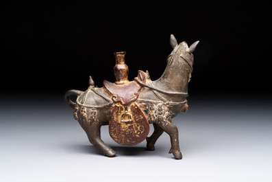 A rare Chinese partly gilt-lacquered bronze horse-from incense holder, Yuan/early Ming