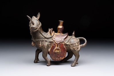 A rare Chinese partly gilt-lacquered bronze horse-from incense holder, Yuan/early Ming