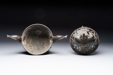 A Chinese bronze 'elephant' tripod censer and cover, Ming