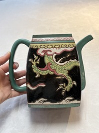 A Chinese enamelled Yixing stoneware 'dragon' teapot, Qianlong mark, 18/19th C.