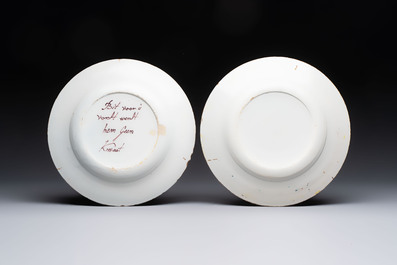 A polychrome Dutch Delft 'royal portrait' plate and an 'orangist' plate, 18th C.