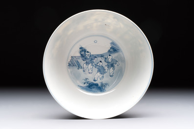 Two Chinese blue and white bowls with figural design, Chenghua and Kangxi marks, Kangxi