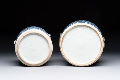 A Chinese Dehua blue and white vase, two containers and a 'prunus on cracked ice' vase, Kangxi mark, 18/19th C.