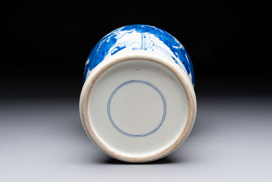 A Chinese blue and white 'He Lu Tong Chun 鶴鹿同春' vase and a wooden cover, Kangxi