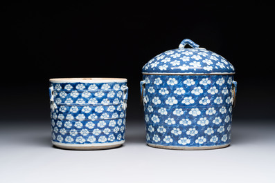 A Chinese Dehua blue and white vase, two containers and a 'prunus on cracked ice' vase, Kangxi mark, 18/19th C.