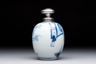 A Chinese blue and white 'Shoulao' tea caddy with silver mount and cover, Chenghua mark, Kangxi