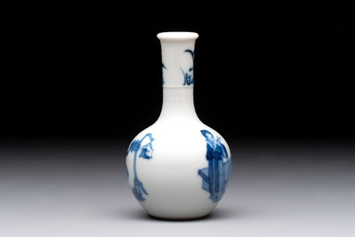 A fine Chinese blue and white miniature bottle vase with two ladies in a garden, jade 玉 mark, Kangxi
