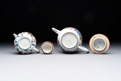 Three Chinese Imari-style covered teapots and a blue and white milk jug, Kangxi/Qianlong