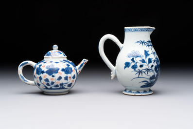 Three Chinese Imari-style covered teapots and a blue and white milk jug, Kangxi/Qianlong