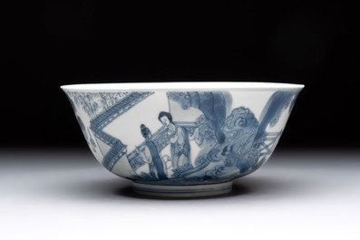 Two Chinese blue and white bowls with figural design, Chenghua and Kangxi marks, Kangxi