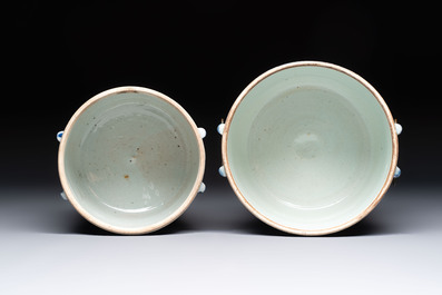 A Chinese Dehua blue and white vase, two containers and a 'prunus on cracked ice' vase, Kangxi mark, 18/19th C.
