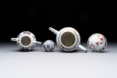 Three Chinese Imari-style covered teapots and a blue and white milk jug, Kangxi/Qianlong