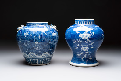 A Chinese Dehua blue and white vase, two containers and a 'prunus on cracked ice' vase, Kangxi mark, 18/19th C.