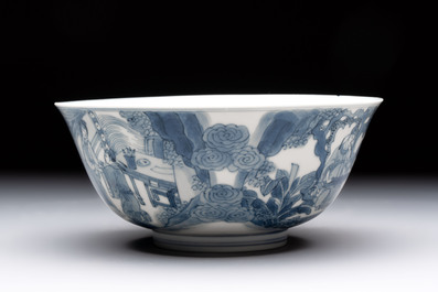 Two Chinese blue and white bowls with figural design, Chenghua and Kangxi marks, Kangxi