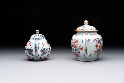 Three Chinese Imari-style covered teapots and a blue and white milk jug, Kangxi/Qianlong