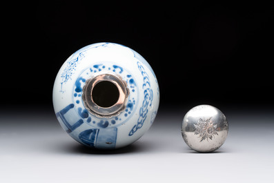 A Chinese blue and white 'Shoulao' tea caddy with silver mount and cover, Chenghua mark, Kangxi