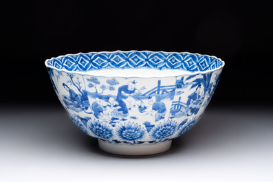 A Chinese blue and white molded bowl with elegant beauties and playing boys, Qi Yu Bao Ding Zhi Zhen 奇玉寶鼎之珍 mark, Kangxi