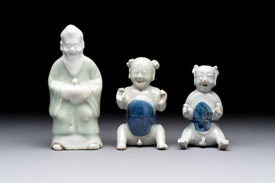 Nine Chinese blue, white, celadon-glazed and famille rose figures, 18/19th C.