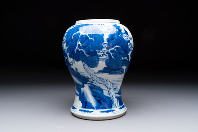 A Chinese blue and white 'He Lu Tong Chun 鶴鹿同春' vase and a wooden cover, Kangxi