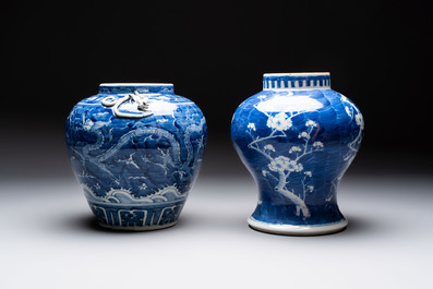 A Chinese Dehua blue and white vase, two containers and a 'prunus on cracked ice' vase, Kangxi mark, 18/19th C.