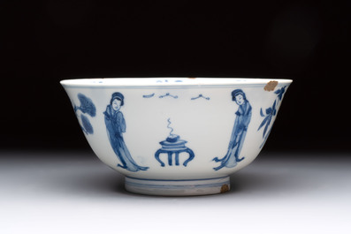 Two Chinese blue and white bowls with figural design, Chenghua and Kangxi marks, Kangxi