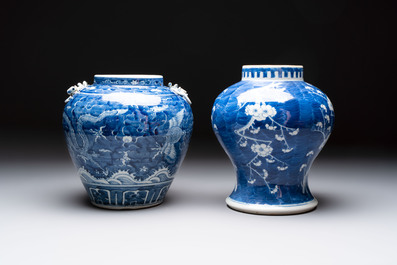 A Chinese Dehua blue and white vase, two containers and a 'prunus on cracked ice' vase, Kangxi mark, 18/19th C.