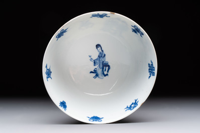 Two Chinese blue and white bowls with figural design, Chenghua and Kangxi marks, Kangxi