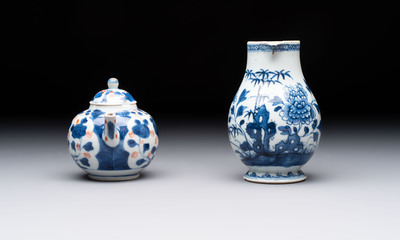 Three Chinese Imari-style covered teapots and a blue and white milk jug, Kangxi/Qianlong