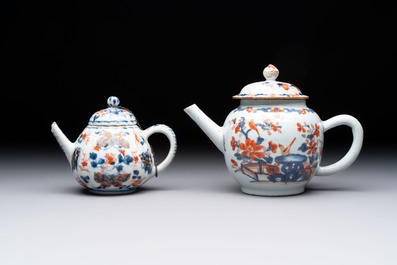 Three Chinese Imari-style covered teapots and a blue and white milk jug, Kangxi/Qianlong