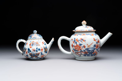 Three Chinese Imari-style covered teapots and a blue and white milk jug, Kangxi/Qianlong