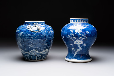 A Chinese Dehua blue and white vase, two containers and a 'prunus on cracked ice' vase, Kangxi mark, 18/19th C.