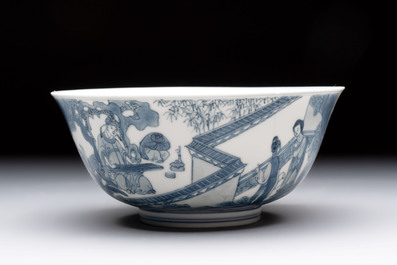 Two Chinese blue and white bowls with figural design, Chenghua and Kangxi marks, Kangxi