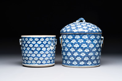 A Chinese Dehua blue and white vase, two containers and a 'prunus on cracked ice' vase, Kangxi mark, 18/19th C.