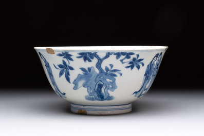 Two Chinese blue and white bowls with figural design, Chenghua and Kangxi marks, Kangxi